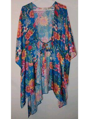 Umgee + Womens 1XL Blue Floral Duster Kimono Satin Drawstring Open Front Sides